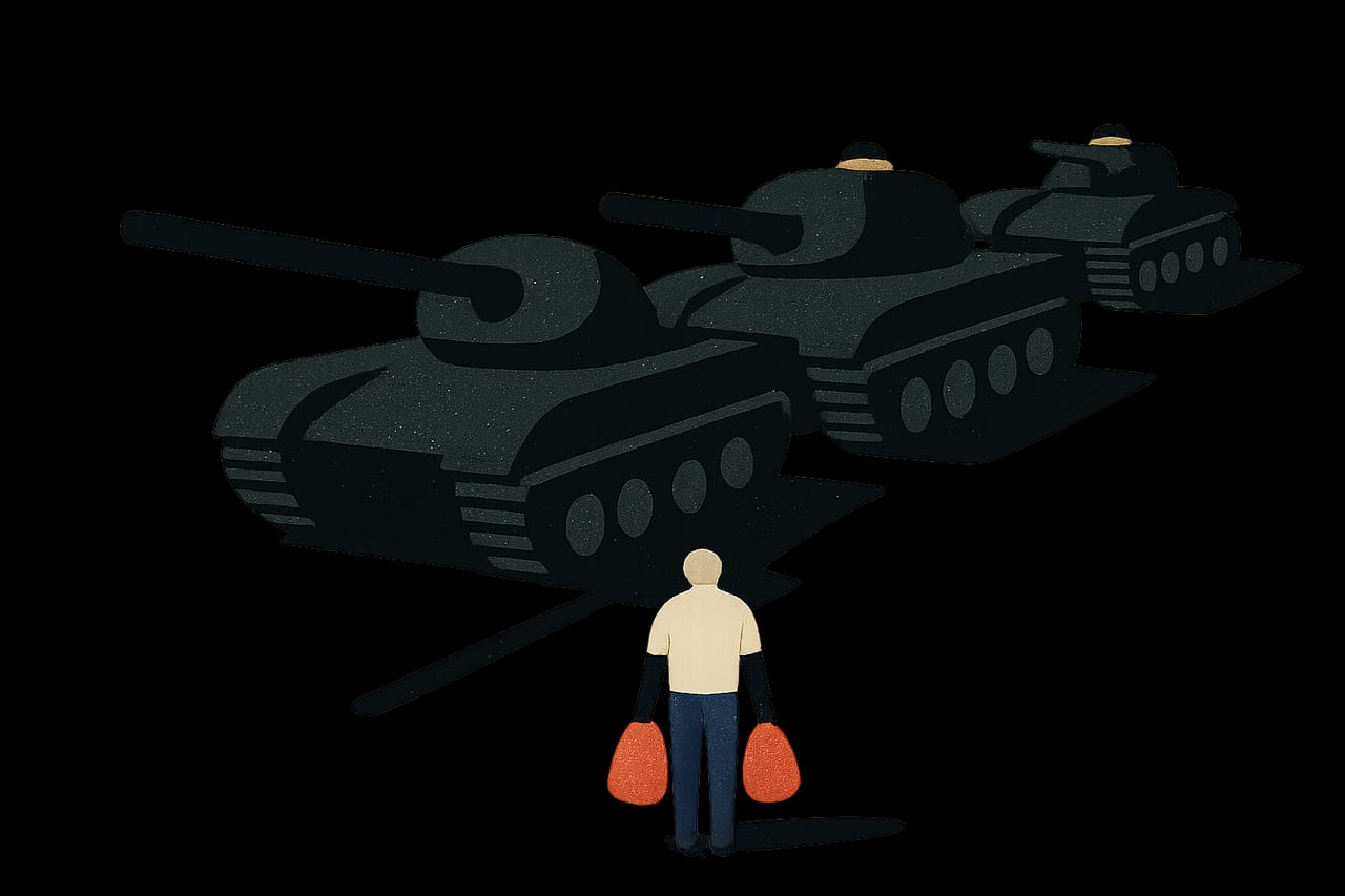 Tank Man stood before a column of tanks in Beijing